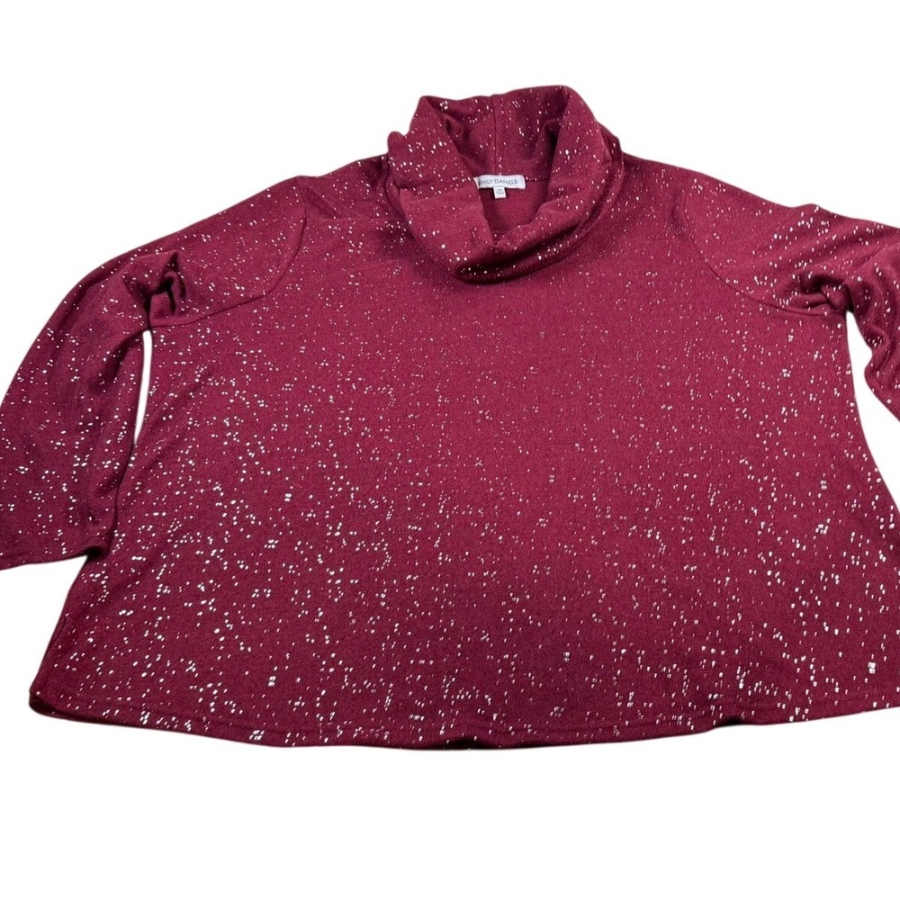 EMILY DANIELS Burgundy Sparkle Cowl Neck Long Sleeve Relaxed Top Plus 2X Soft
